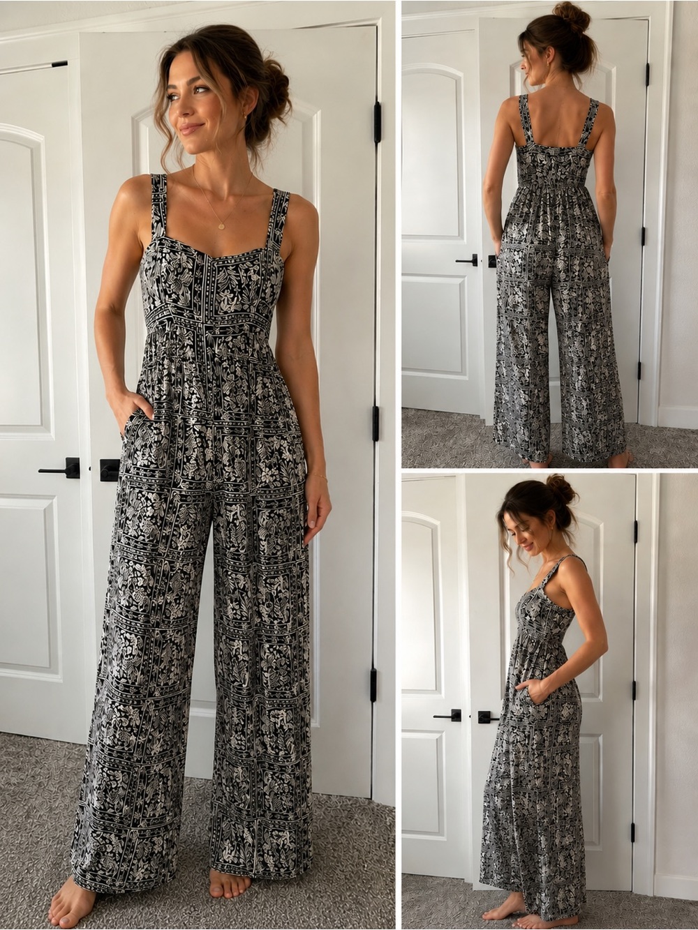 Luxology Black & White Floral Smocked Wide-Leg Jumpsuit
